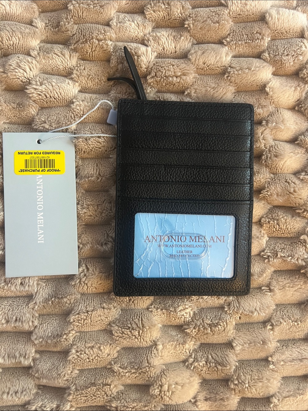ANTONIO MELANI Black Leather Card & ID Holder with Clear Window